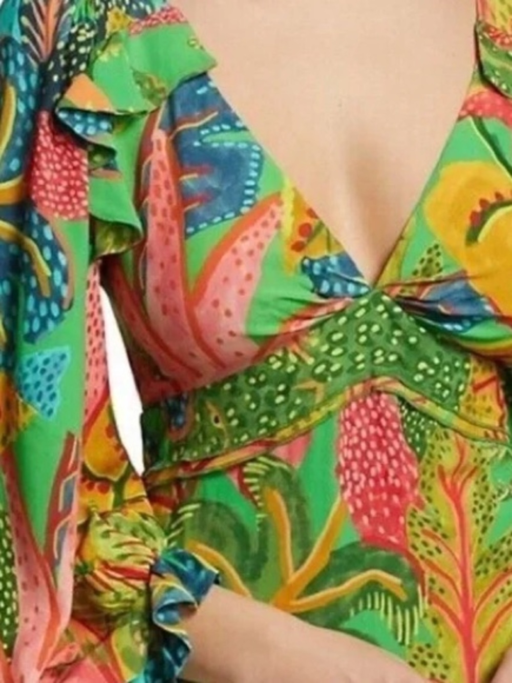 NWT FARM Rio Green Tropical-Print Plunge V-neck Midi Dress - Picture 6 of 11